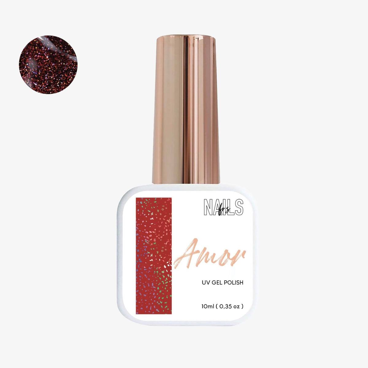 Flacon 10 ml du vernis semi-permanent bordeaux pailleté aux reflets cuivrés Gel Polish Amor NAILS FRS