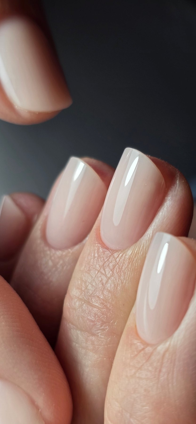 Gros plan des ongles carrés au gel Solid fiber Almond, nude rosé sur fond sombre
