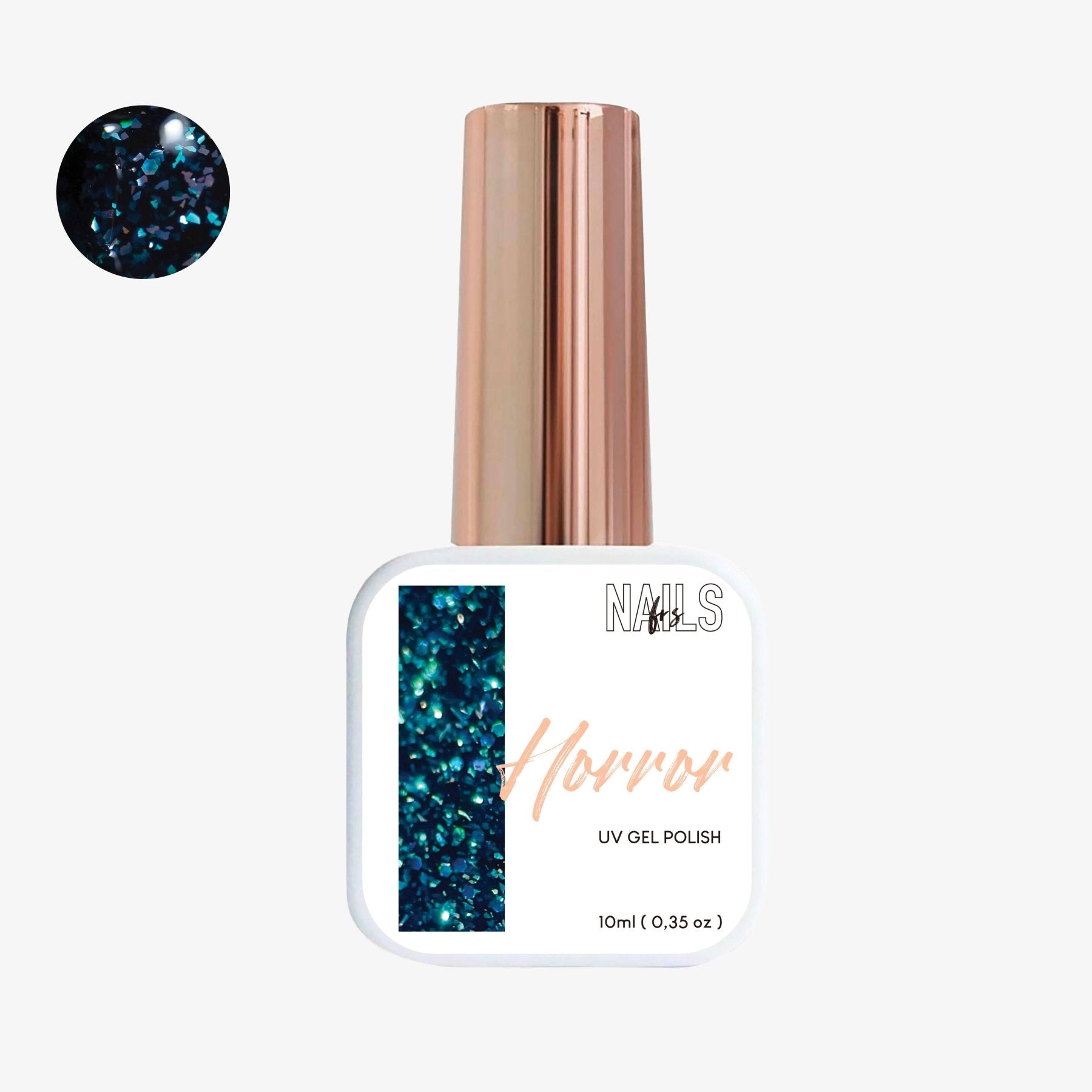Flacon 10 ml du vernis semi-permanent vert sapin à paillettes turquoise Gel Polish Horror NAILS FRS
