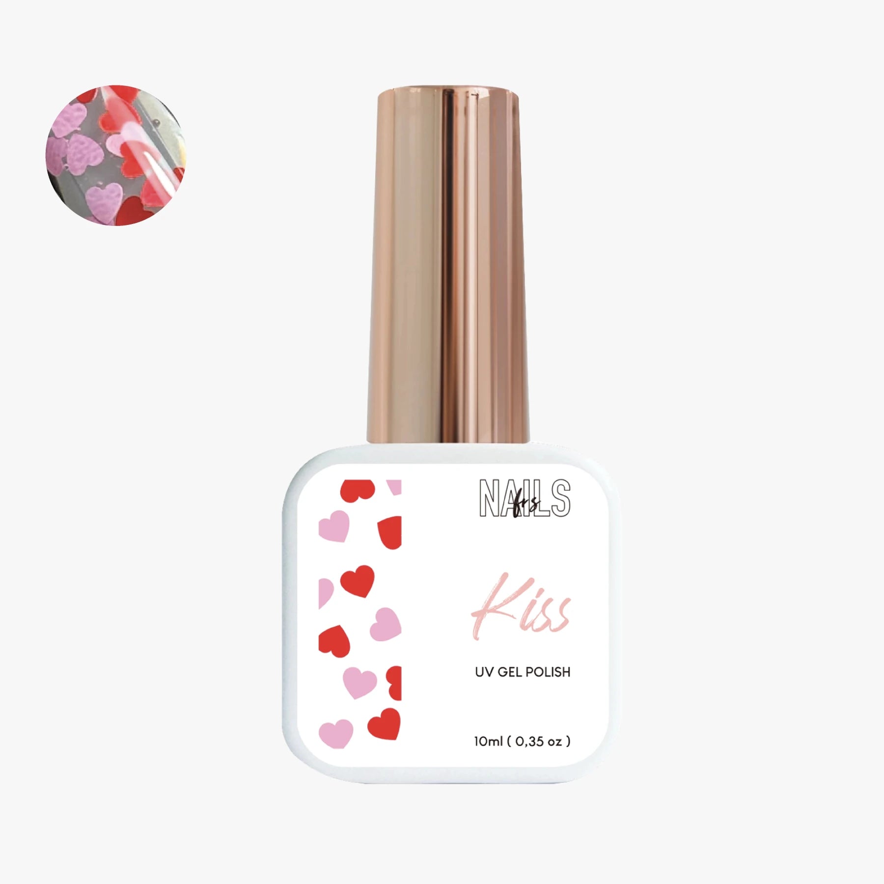 Flacon 10 ml du vernis semi-permanent Gel Polish Kiss NAILS FRS, étiquette à cœurs rouges et roses