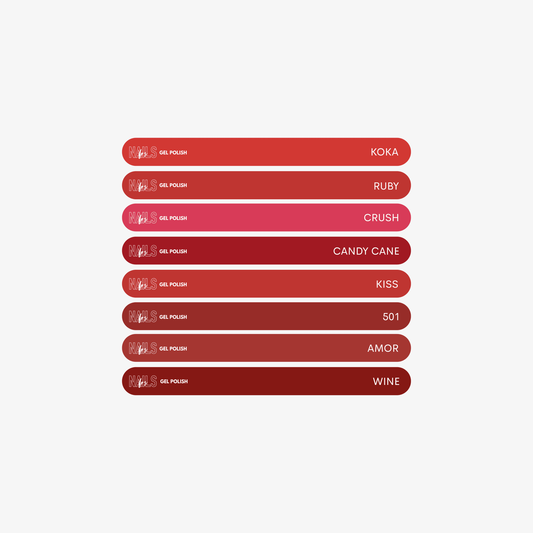 Stickers Nuancier Vernis Semi - Permanent - Présentoir Gel Polish NAILS FRS (2026) Rouges clairs - NAILS FRS