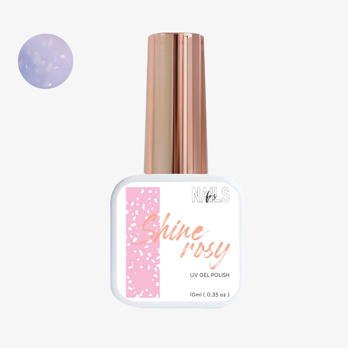 Flacon 10 ml du Gel Polish Shine Rosy NAILS FRS, lilas rosé à flocons nacrés