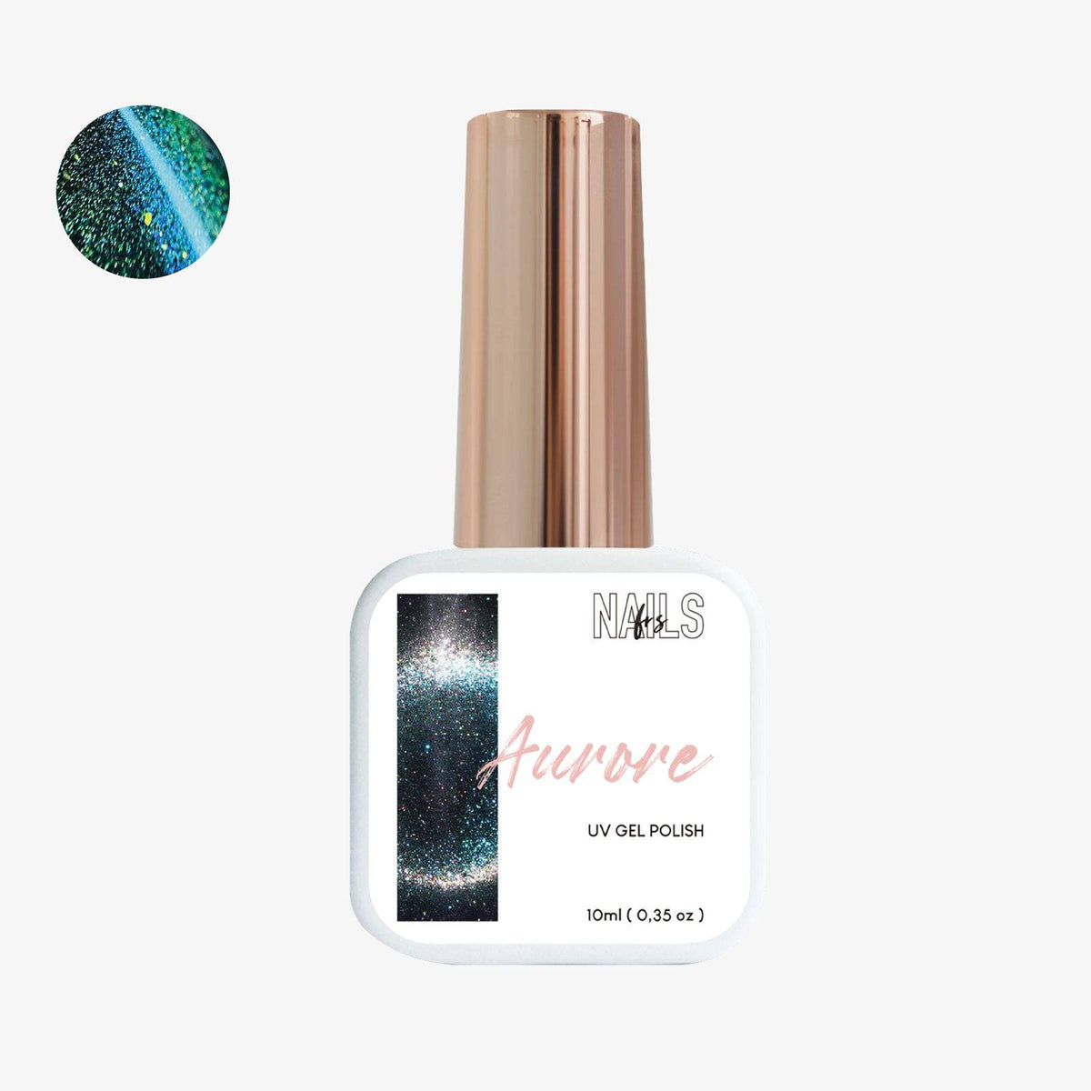 Flacon 10 ml du vernis semi-permanent cat eye bleu-vert galaxie Gel Polish Aurore NAILS FRS
