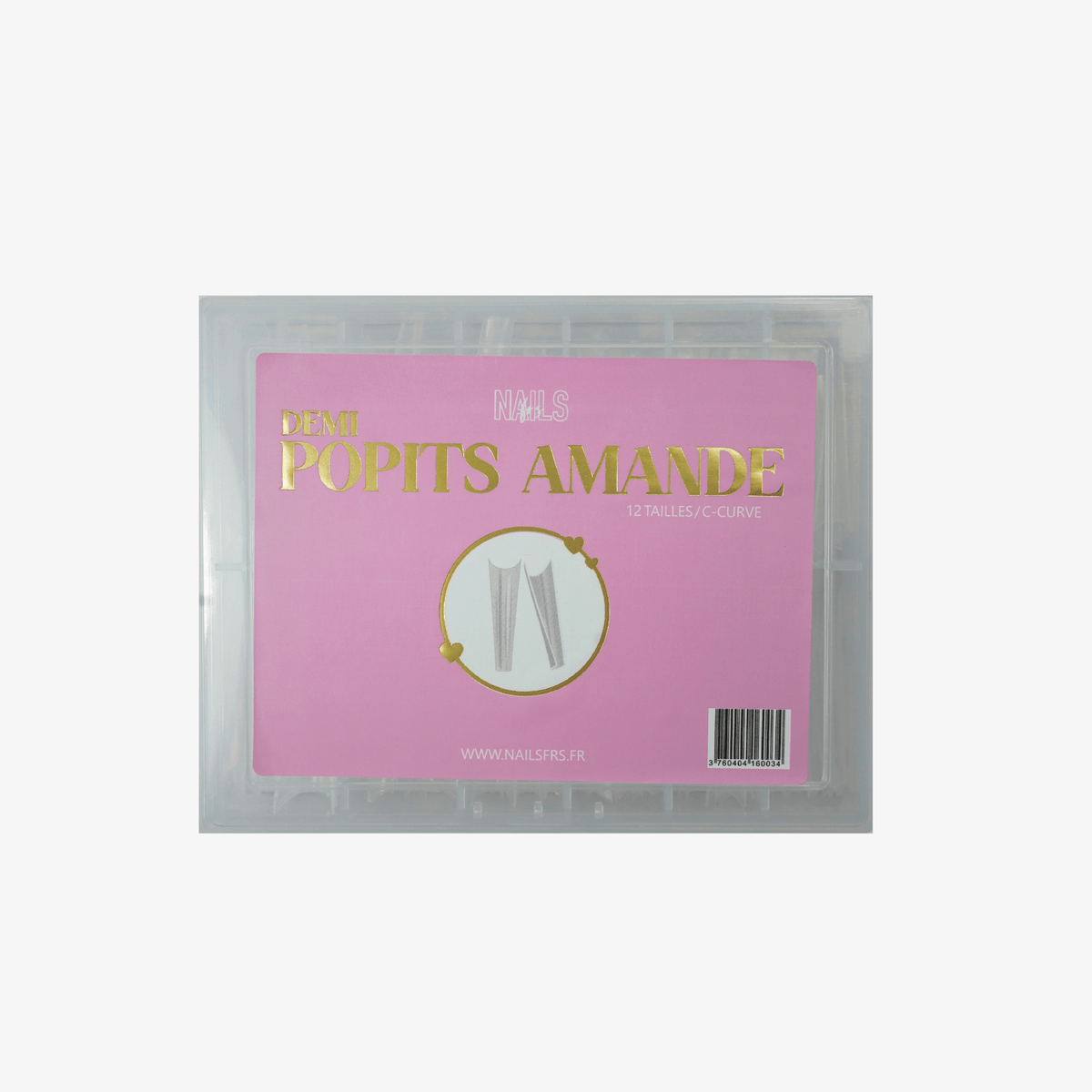 Coffret Demi popits amande NAILS FRS, 12 tailles et C-curve, étiquette rose et dorée
