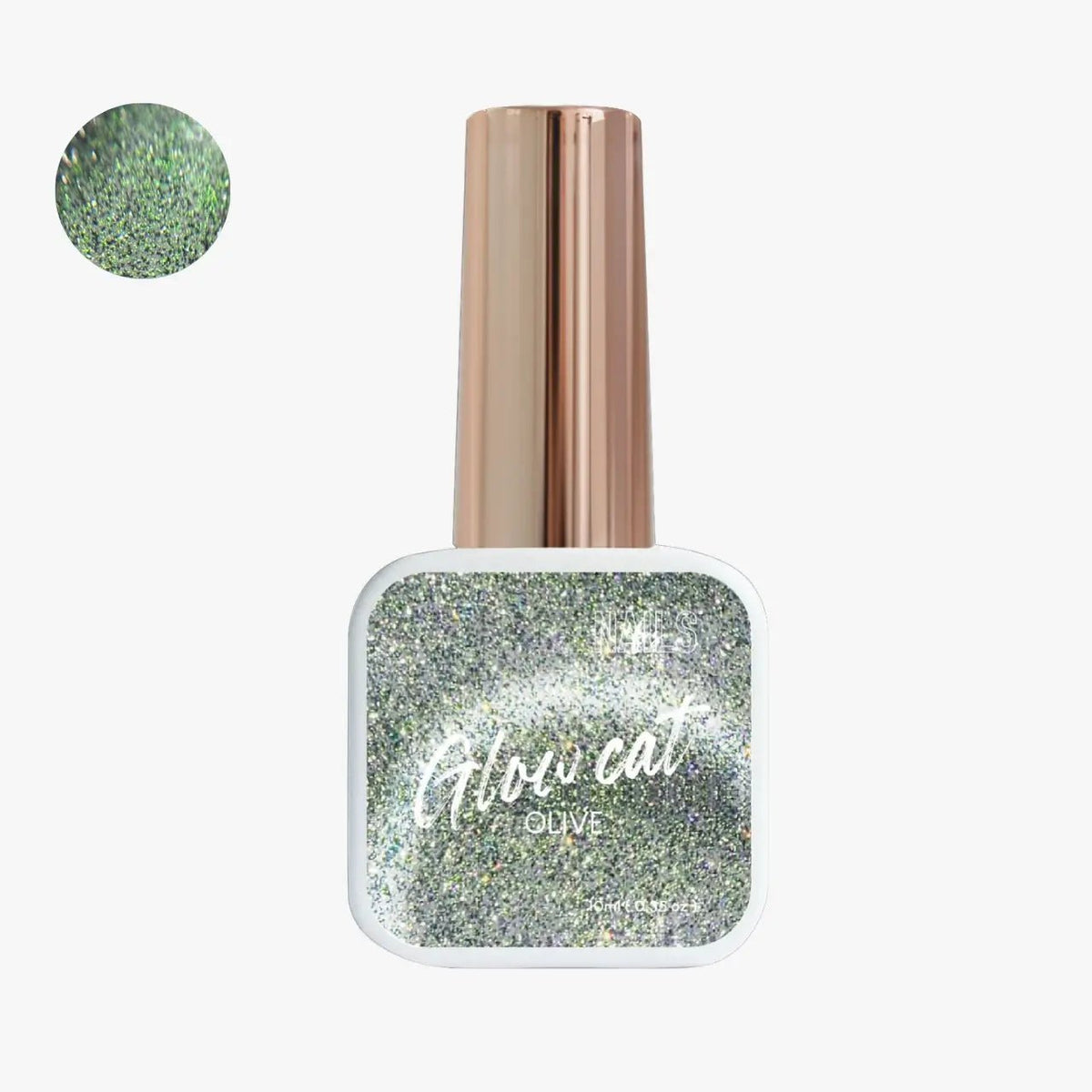 Flacon 10 ml du Top coat Glow Cat Olive NAILS FRS, paillettes vert olive scintillantes