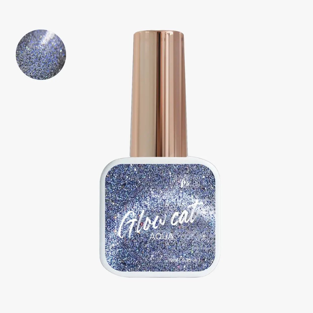 Flacon 10 ml du Top coat Glow Cat Aqua NAILS FRS, paillettes bleu argenté