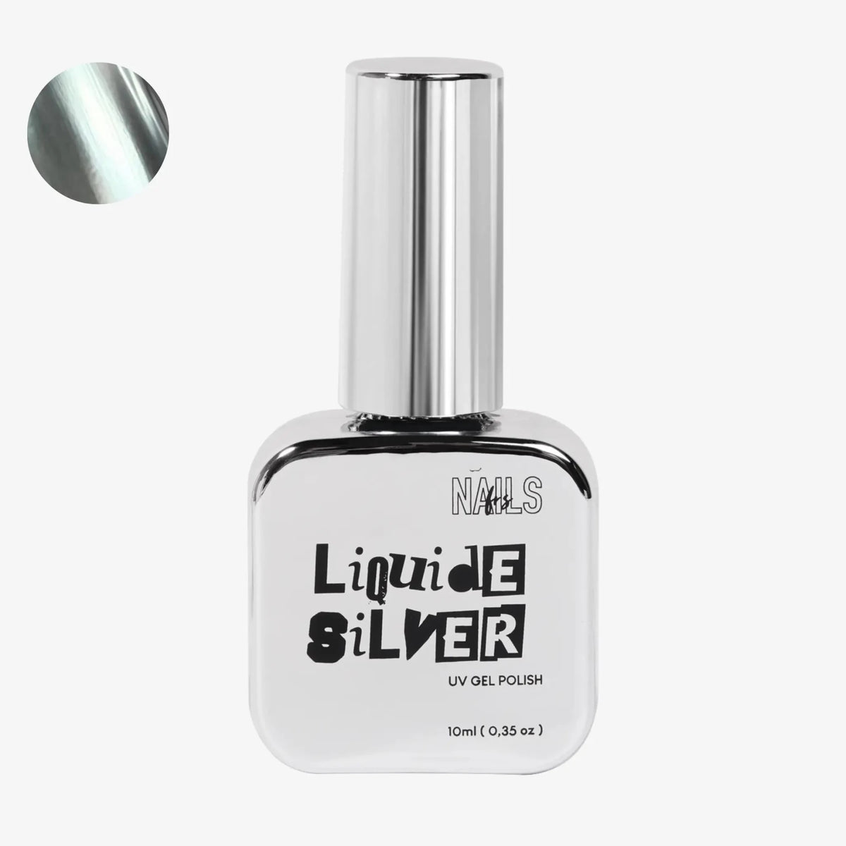 Flacon de vernis gel UV Liquide Silver NAILS FRS 10 ml avec sa pastille effet miroir chrome