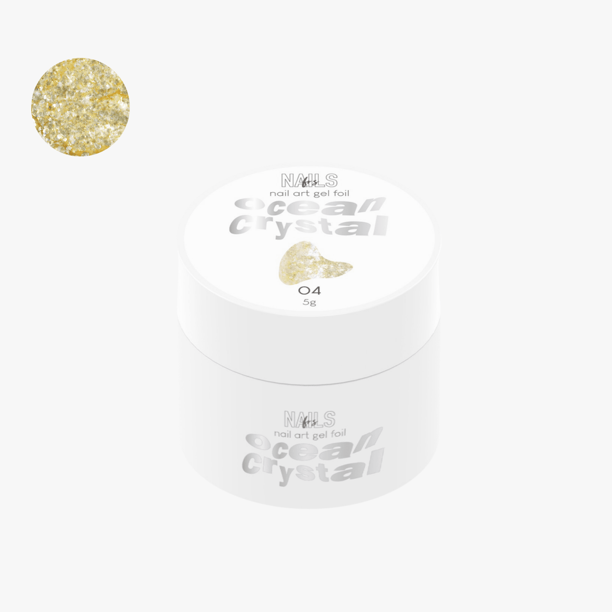 Pot de gel foil Ocean Crystal 04 NAILS FRS 5 g avec sa pastille de paillettes dorées