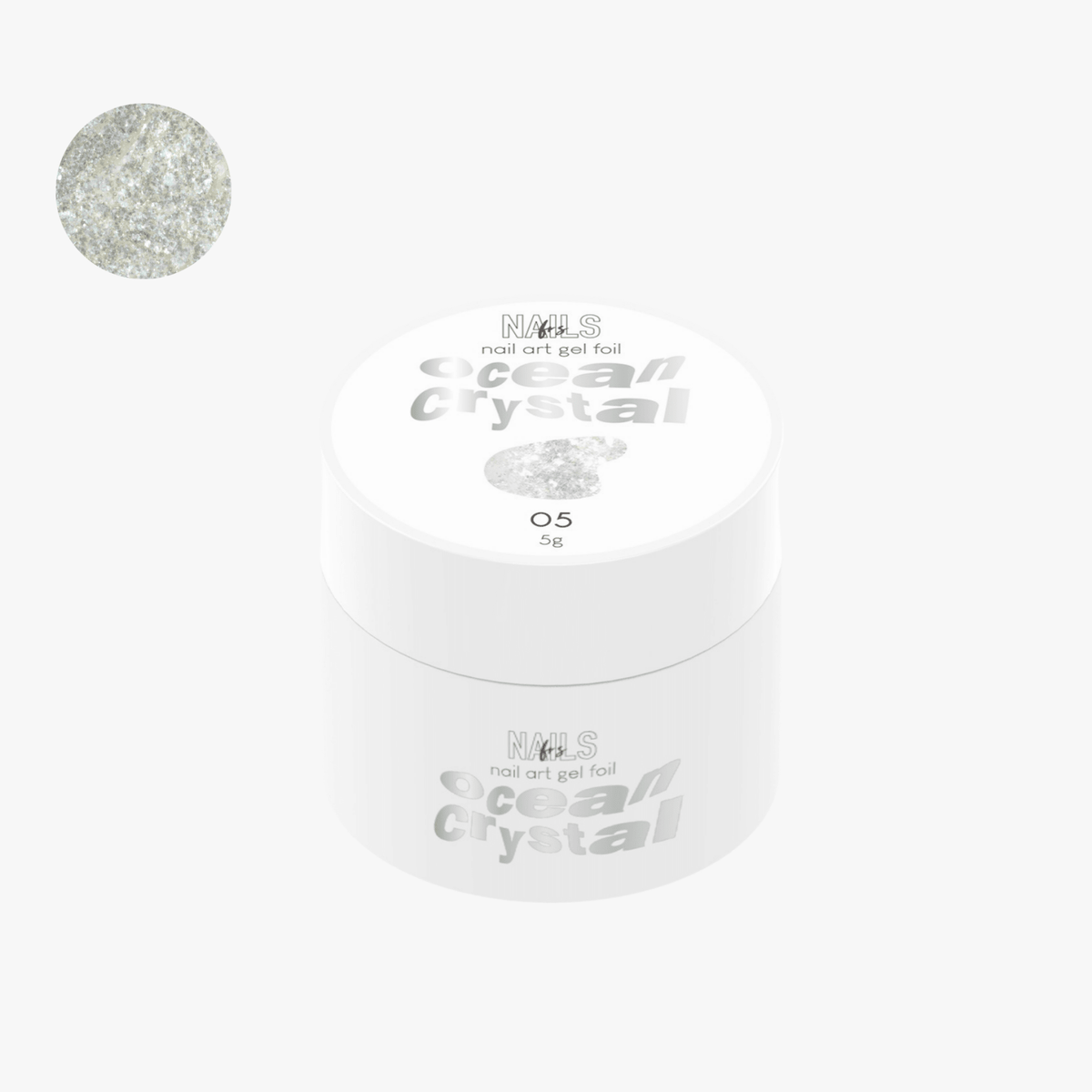 Pot de gel foil Ocean Crystal 05 NAILS FRS 5 g avec sa pastille de paillettes argentées