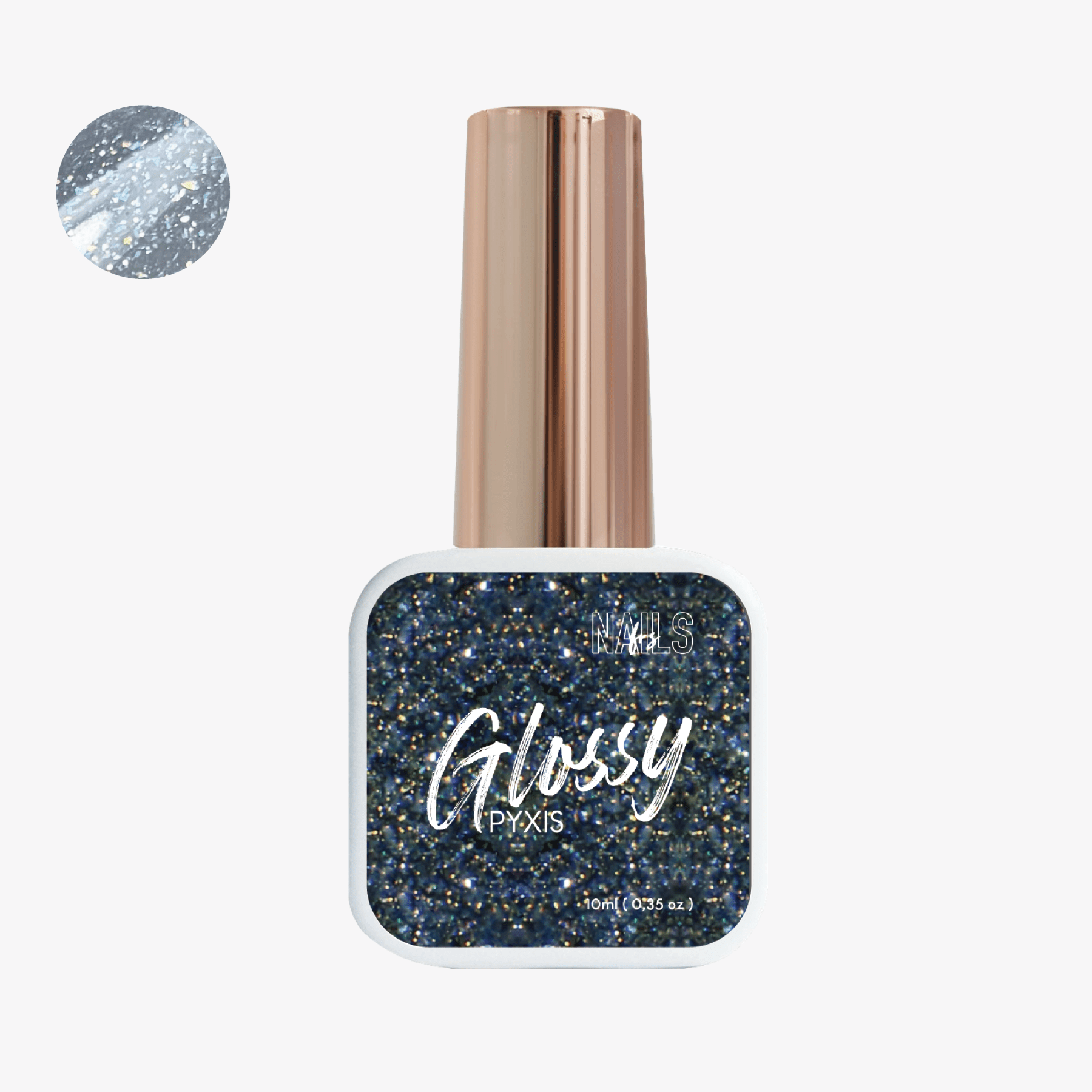 Flacon 10 ml du Top coat Glossy Pyxis NAILS FRS, paillettes bleu nuit et dorées