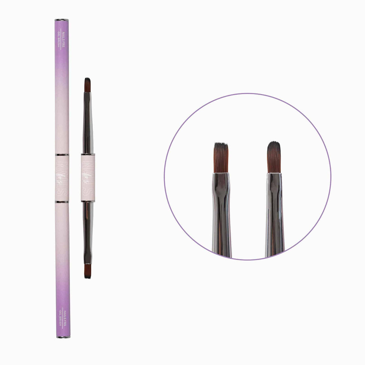 Pinceau GEL BRUSH double embout et son étui violet, zoom sur les deux têtes de 9 mm