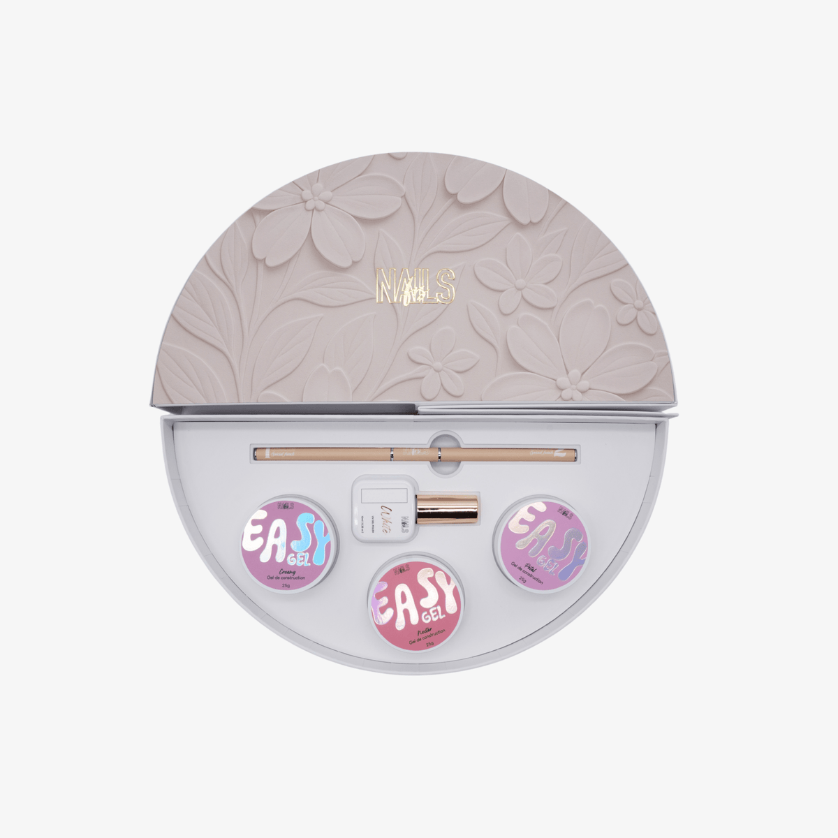 Box spéciale french NAILS FRS ouverte : coffret métal rond avec les trois gels, le vernis et le pinceau