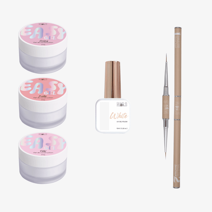 Contenu de la Box spéciale french : gels Creamy, Petal et White, vernis UV White et pinceau double embout