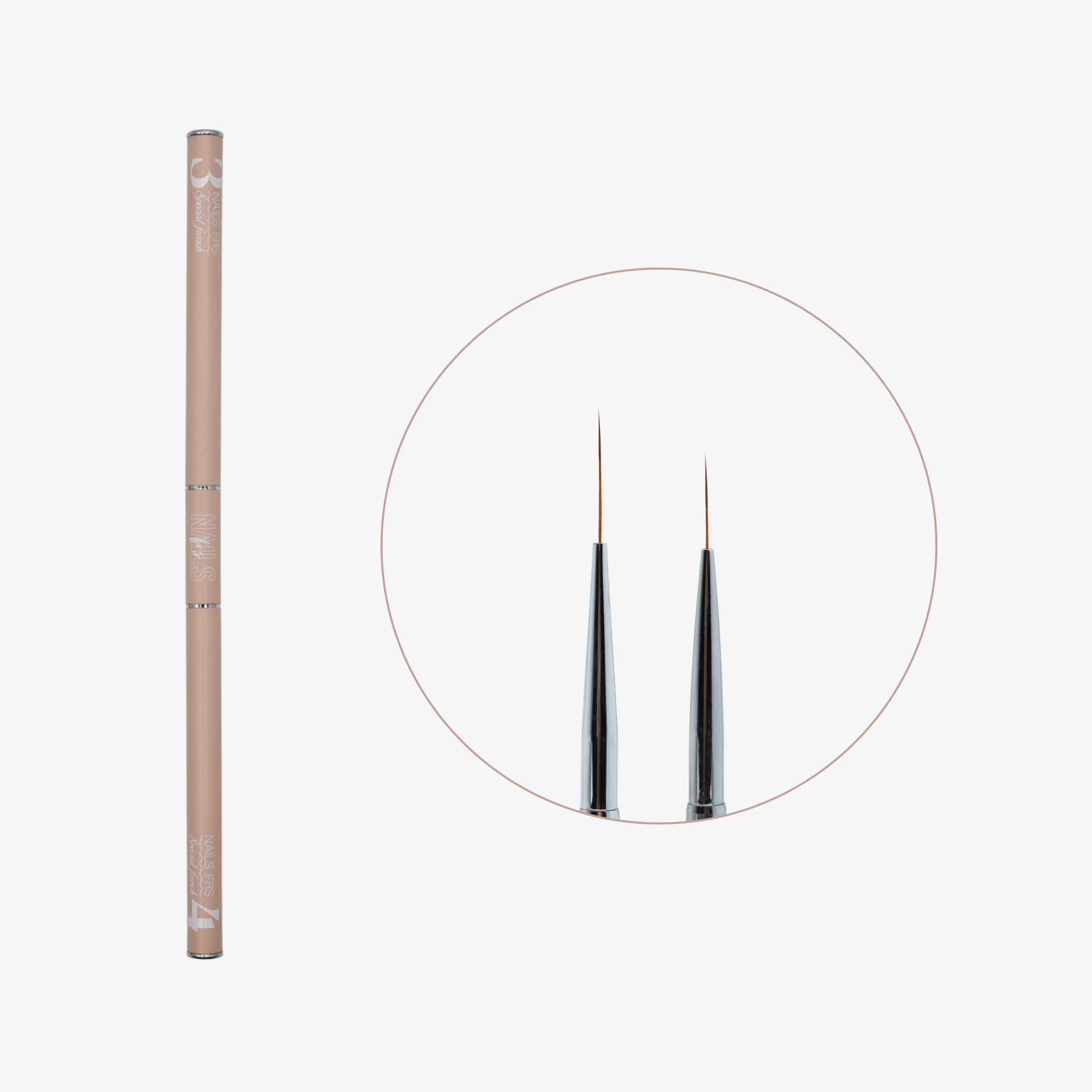 Étui beige du Nail art brush spécial french 3/4 et zoom sur ses deux pointes liner