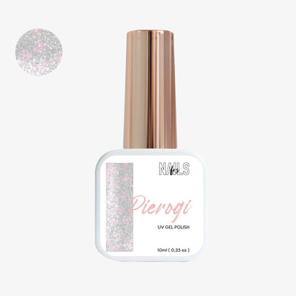 Flacon 10 ml du Gel Polish Pierogi NAILS FRS, paillettes argentées et rose nacré