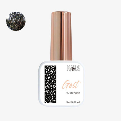 Flacon 10 ml du vernis semi-permanent noir à flocons argentés Gel Polish Gost NAILS FRS