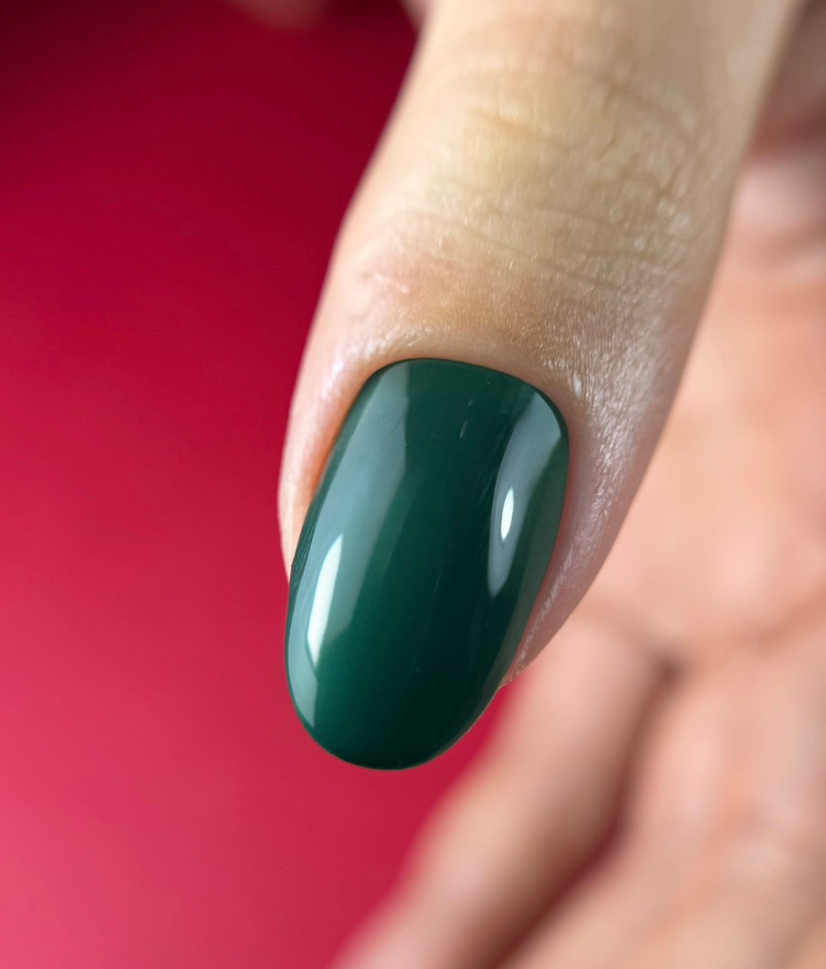 Gros plan d'un ongle au Gel Polish Venom vert sapin foncé, fini brillant sur fond framboise