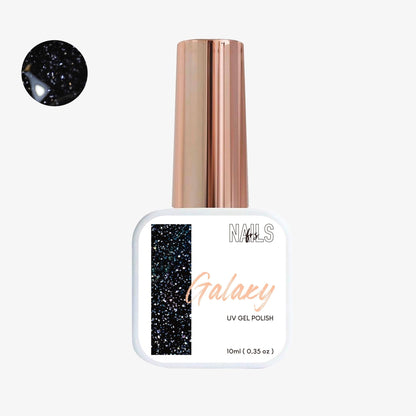 Flacon 10 ml du vernis semi-permanent noir pailleté Gel Polish Galaxy NAILS FRS