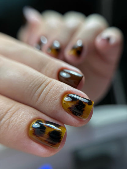 Pose du Vitrail Cacao sur ongles courts, effet écaille de tortue ambre et cacao
