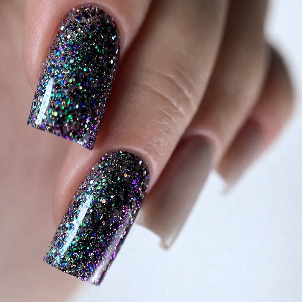 Pose du Gel Polish Army pailleté vert et violet sur ongles carrés, gros plan sur deux doigts