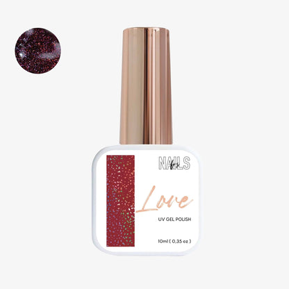 Flacon 10 ml du vernis semi-permanent rouge bordeaux pailleté Gel Polish Love NAILS FRS