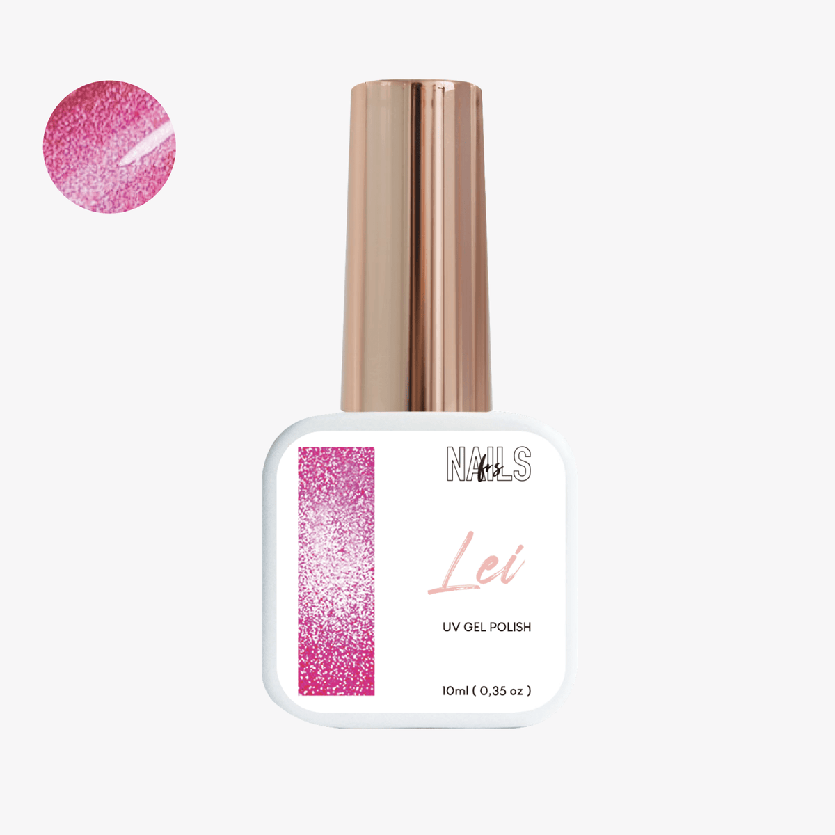 Flacon 10 ml du Gel Polish Leï NAILS FRS, rose fuchsia pailleté à effet cat eye