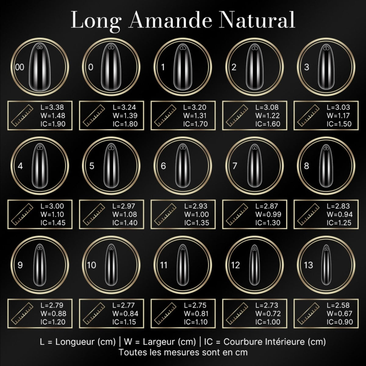 Guide des tailles des capsules américaines amande longue natural : longueur, largeur et courbure intérieure par numéro