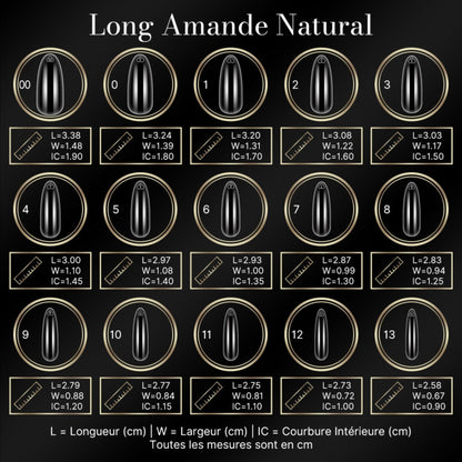Guide des tailles des capsules américaines amande longue natural : longueur, largeur et courbure intérieure par numéro