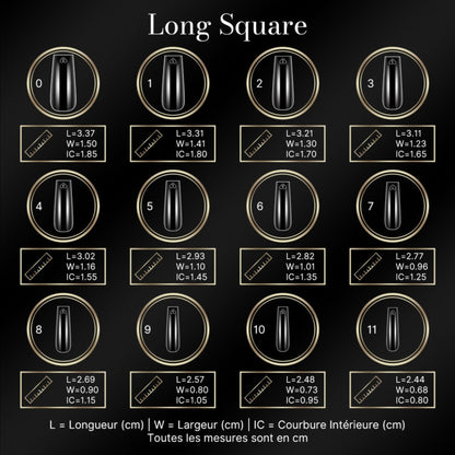 Guide des tailles des capsules américaines carré long : longueur, largeur et courbure intérieure par numéro