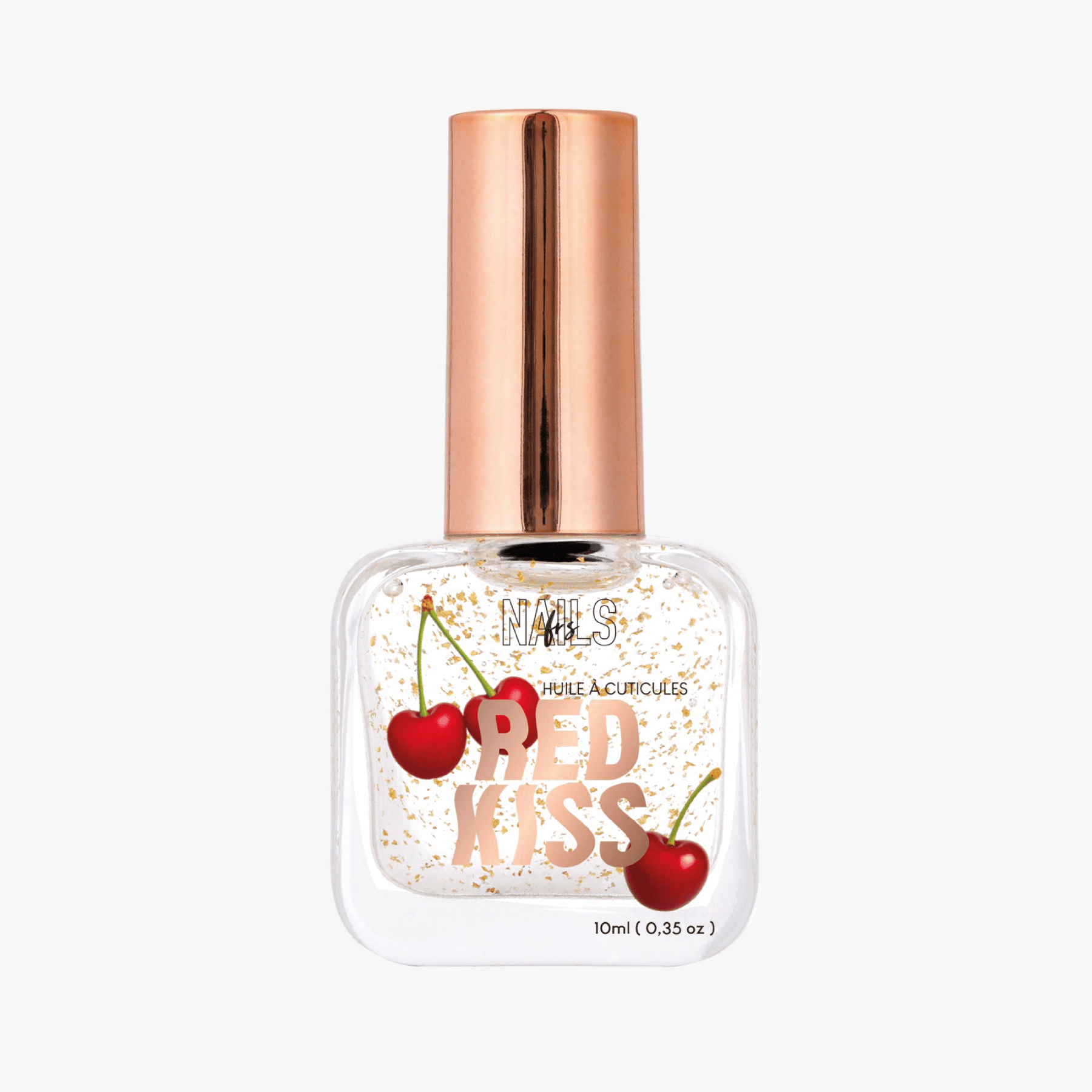 Flacon 10 ml de l'Huile cuticules Red Kiss NAILS FRS, huile transparente à paillettes dorées