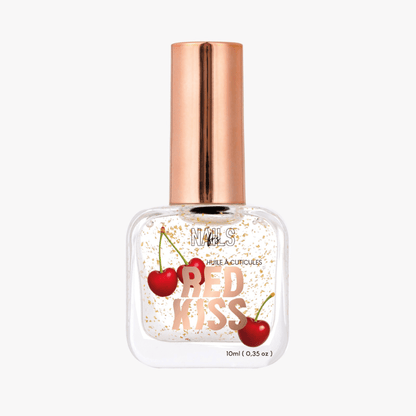 Flacon 10 ml de l'Huile cuticules Red Kiss NAILS FRS, huile transparente à paillettes dorées