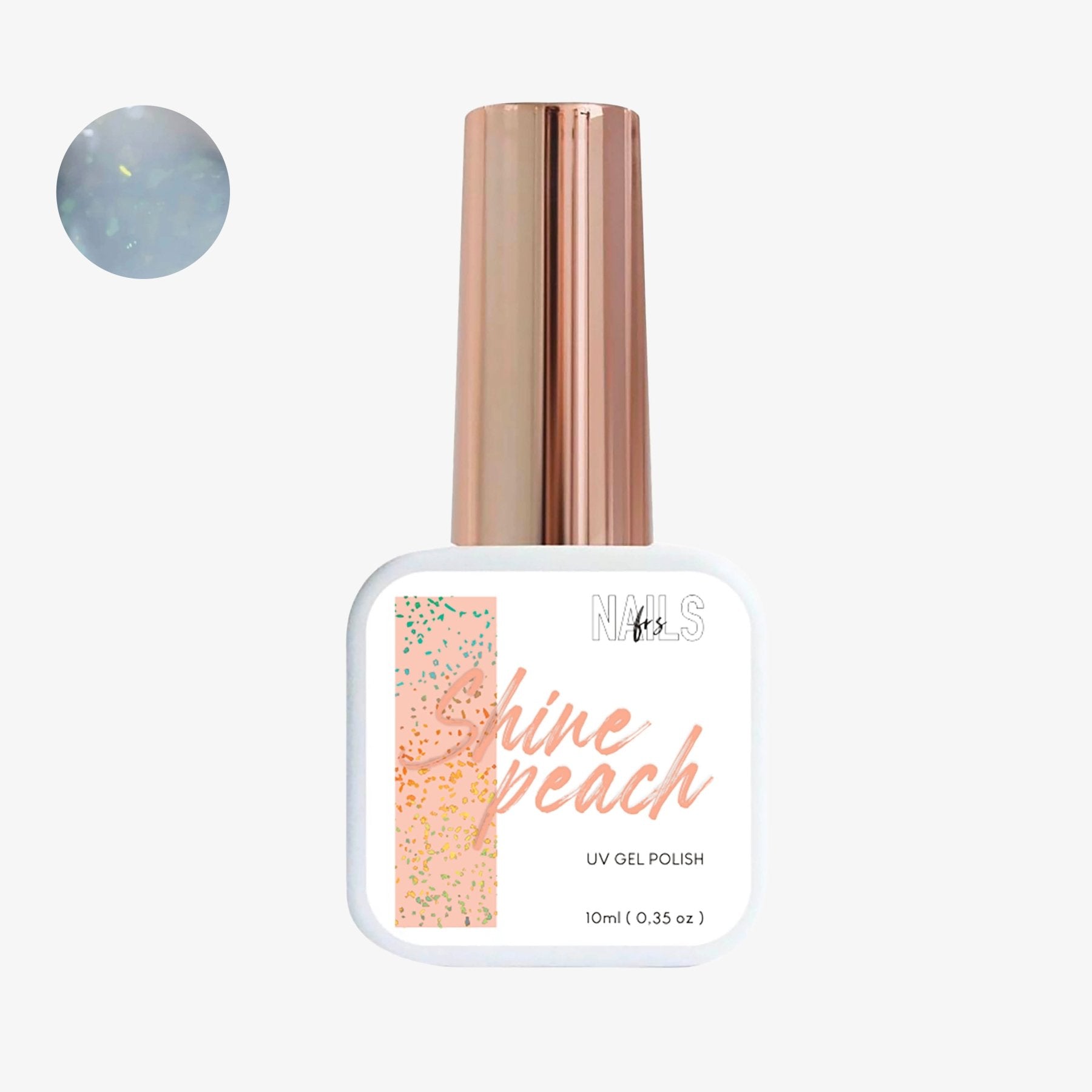 Flacon 10 ml du vernis semi-permanent Gel Polish Shine Peach NAILS FRS, paillettes irisées