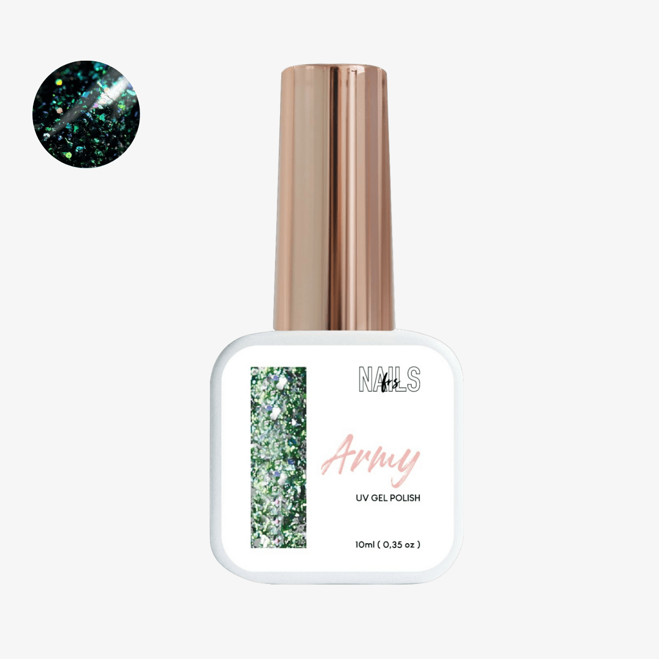 Flacon 10 ml du vernis semi-permanent pailleté vert d'eau Gel Polish Army NAILS FRS