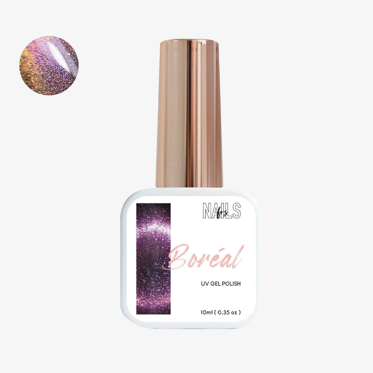Flacon 10 ml du Gel Polish Boréal NAILS FRS, pailleté violet aux reflets dorés