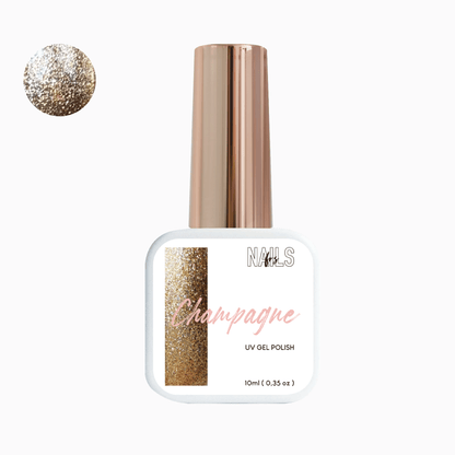 Flacon 10 ml du vernis semi-permanent doré pailleté Gel Polish Champagne NAILS FRS