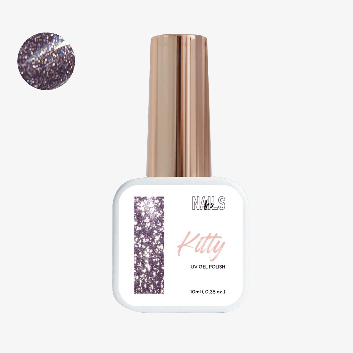 Flacon 10 ml du Gel Polish Kitty NAILS FRS, paillettes violet parme et argentées