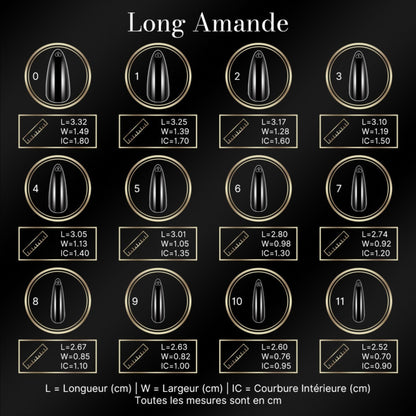 Guide des tailles des capsules américaines amande longue : longueur, largeur et courbure intérieure par numéro