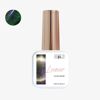 Flacon 10 ml du vernis semi-permanent cat eye vert et violet Gel Polish Lueur NAILS FRS