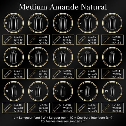 Guide des tailles des capsules américaines amande médium natural : longueur, largeur et courbure intérieure par numéro