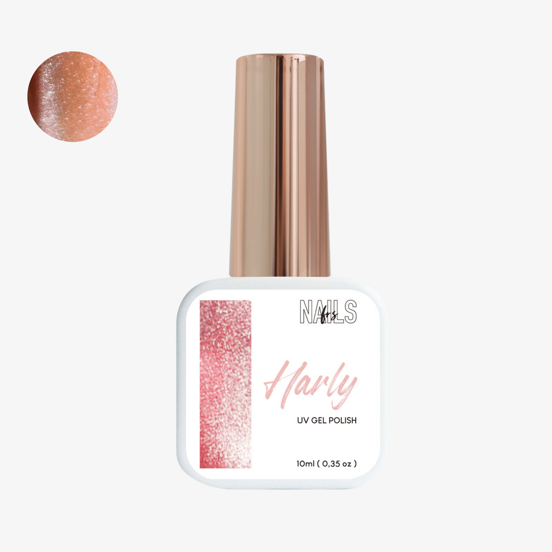 Flacon 10 ml du Gel Polish Harly NAILS FRS, rose cuivré pailleté aux reflets dorés