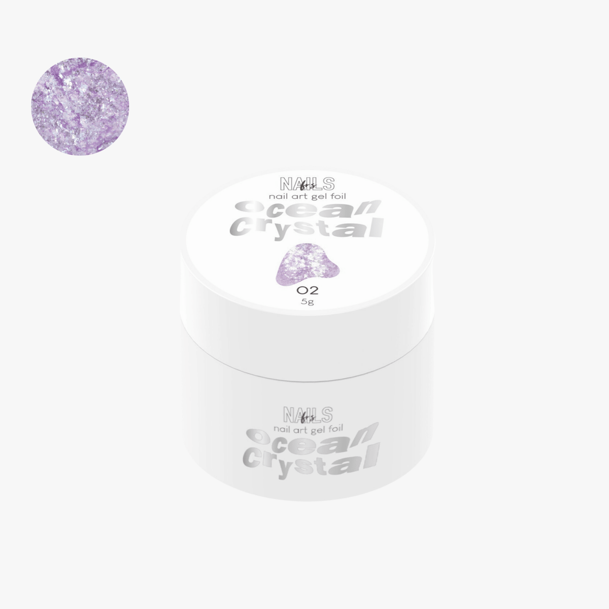 Pot de gel foil Ocean Crystal 02 NAILS FRS 5 g avec sa pastille de paillettes violet lilas