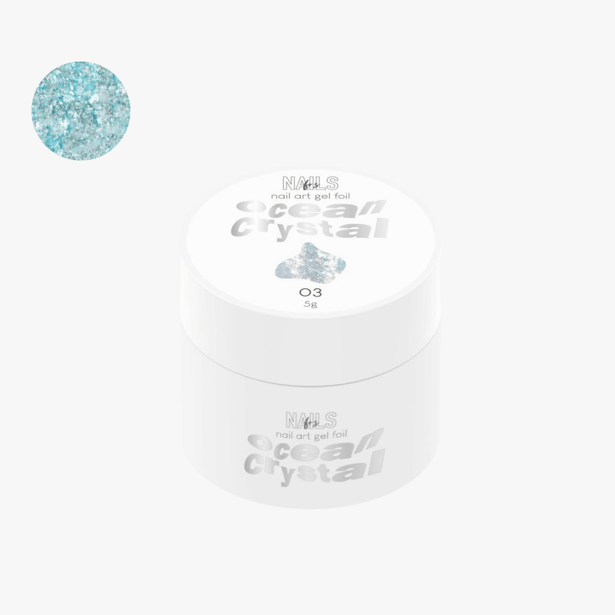 Pot de gel foil Ocean Crystal 03 NAILS FRS 5 g et sa pastille d'éclats bleu turquoise