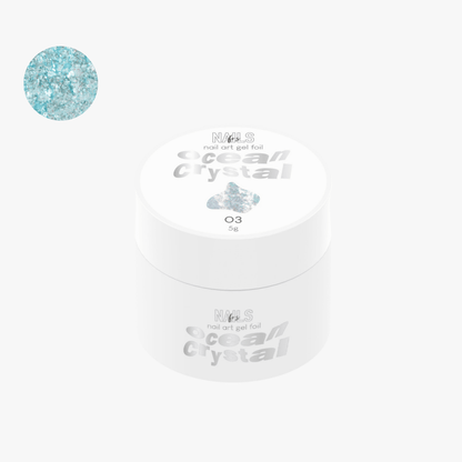 Pot de gel foil Ocean Crystal 03 NAILS FRS 5 g et sa pastille d'éclats bleu turquoise