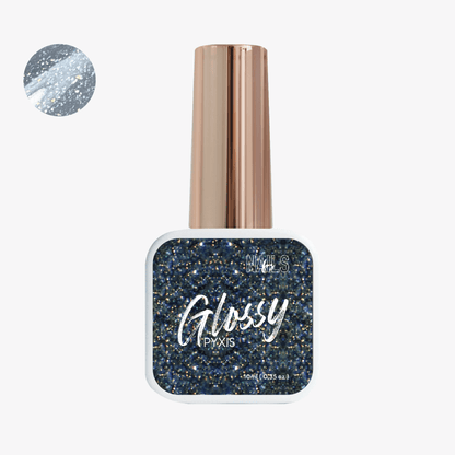 Flacon 10 ml du Top coat Glossy Pyxis NAILS FRS, paillettes bleu nuit et dorées