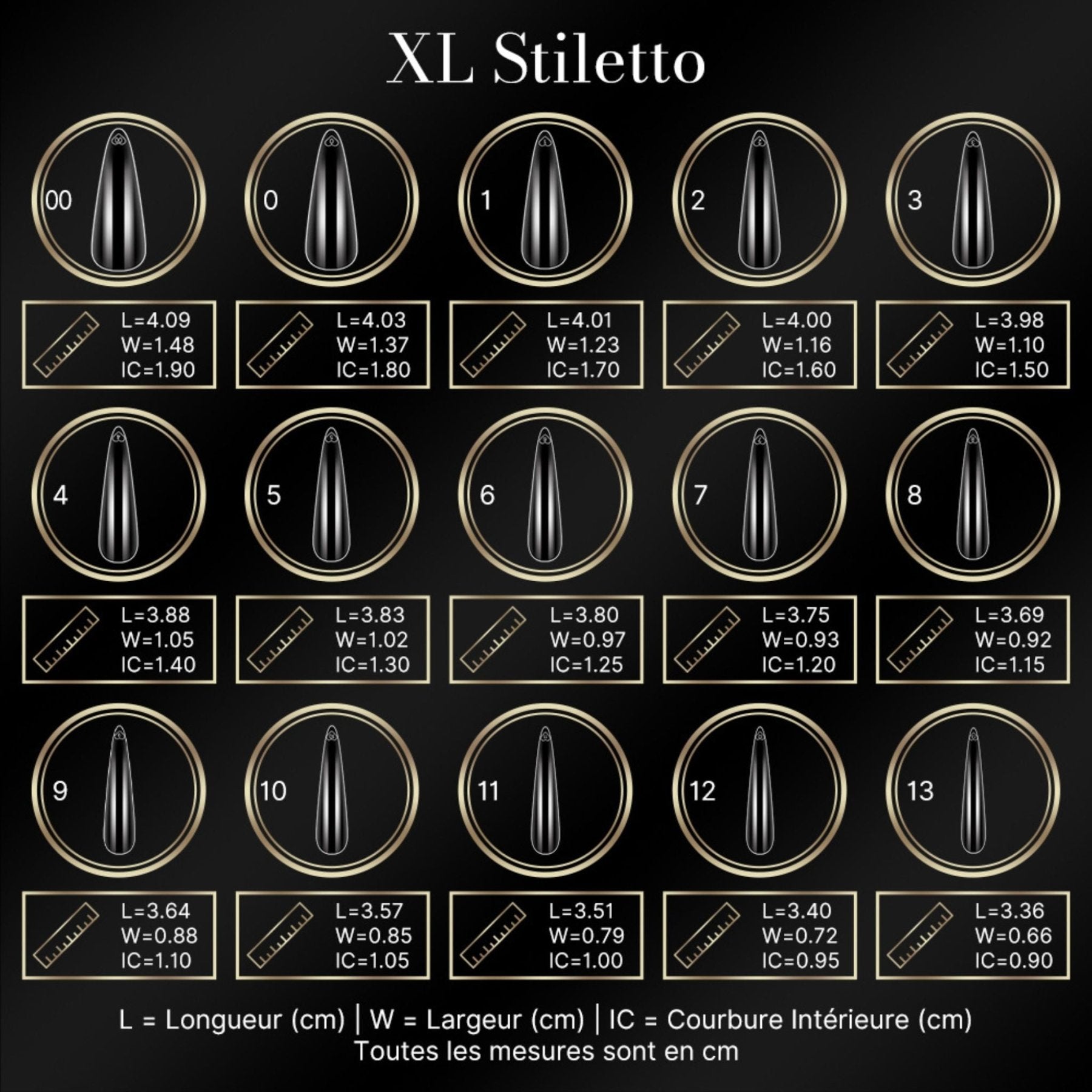 Guide des tailles des capsules américaines stiletto XL : longueur, largeur et courbure intérieure par numéro
