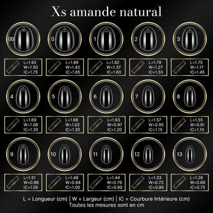 Guide des tailles des capsules américaines amande XS natural : longueur, largeur et courbure intérieure par numéro