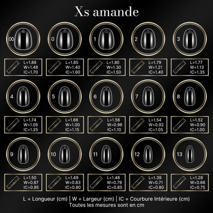Guide des tailles des capsules américaines amande XS : longueur, largeur et courbure intérieure par numéro