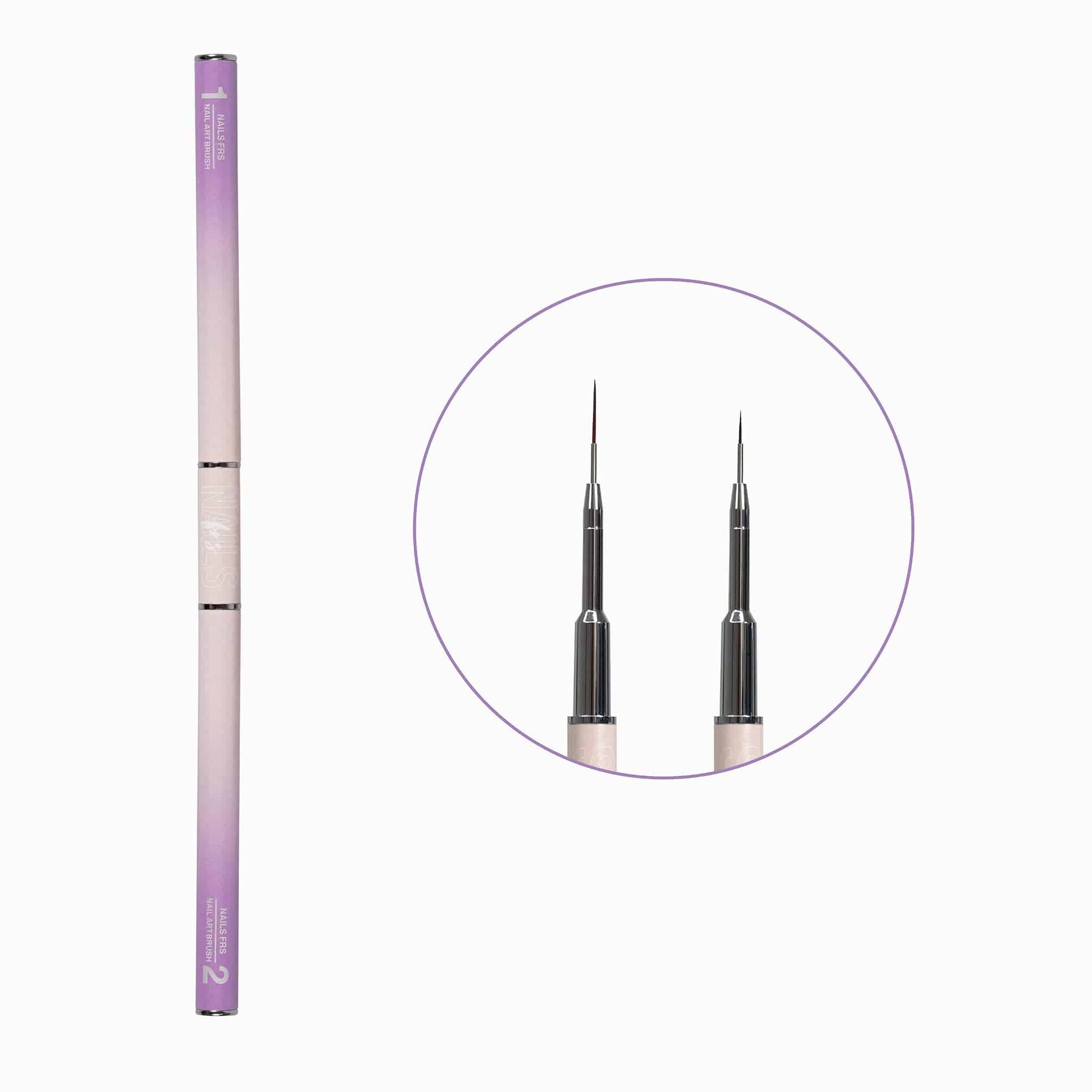 Nail art brush 1/2 dans son étui violet numéroté 1 et 2, zoom sur les deux pointes liner